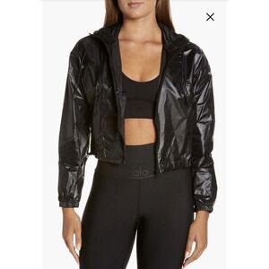 Alo Yoga Size XS/S Sprinter Crop Jacket Black Hooded Windbreaker Lightweight